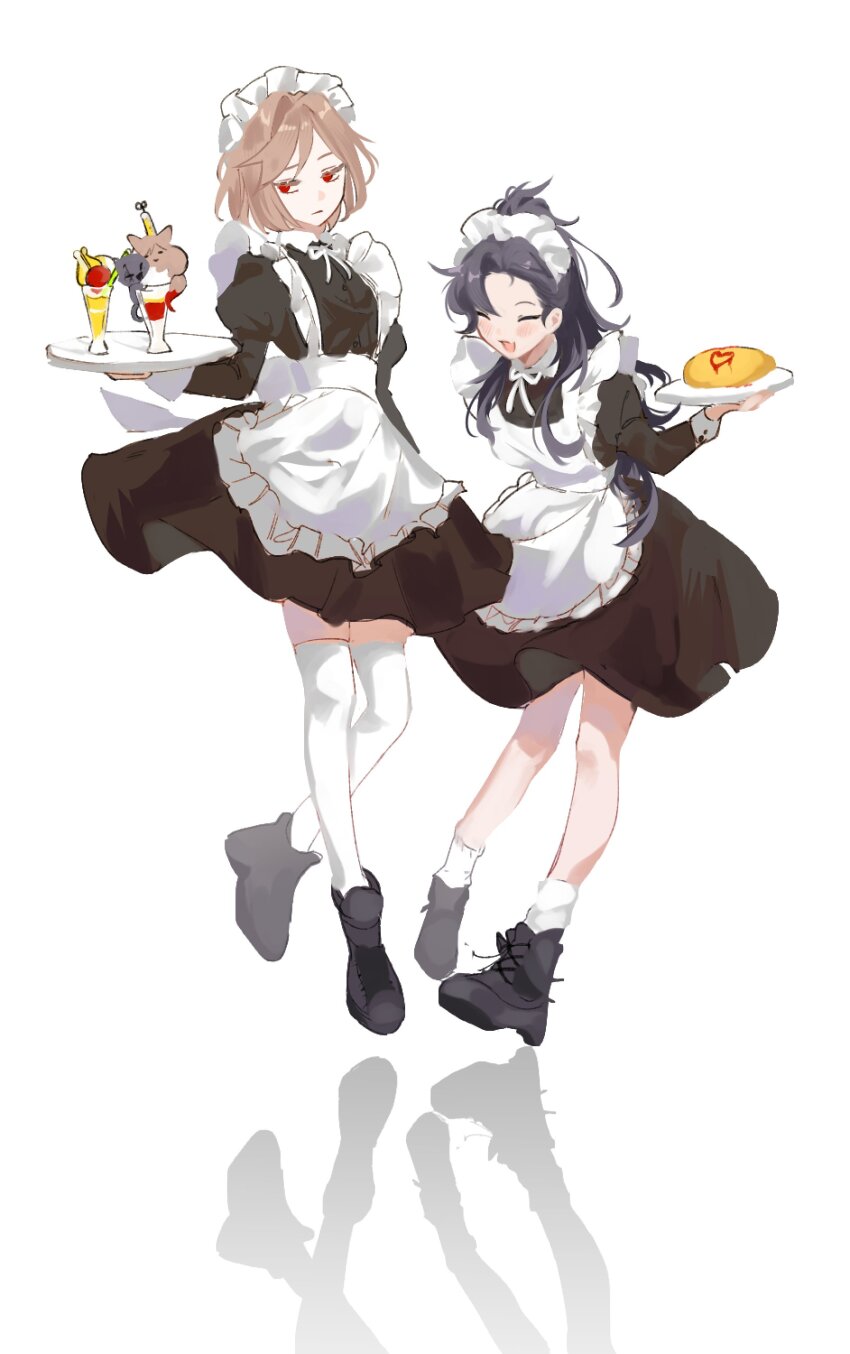 2girls, absurdres, alternate_costume, apron, black_dress, black_shoes, blue_hair, brown_hair