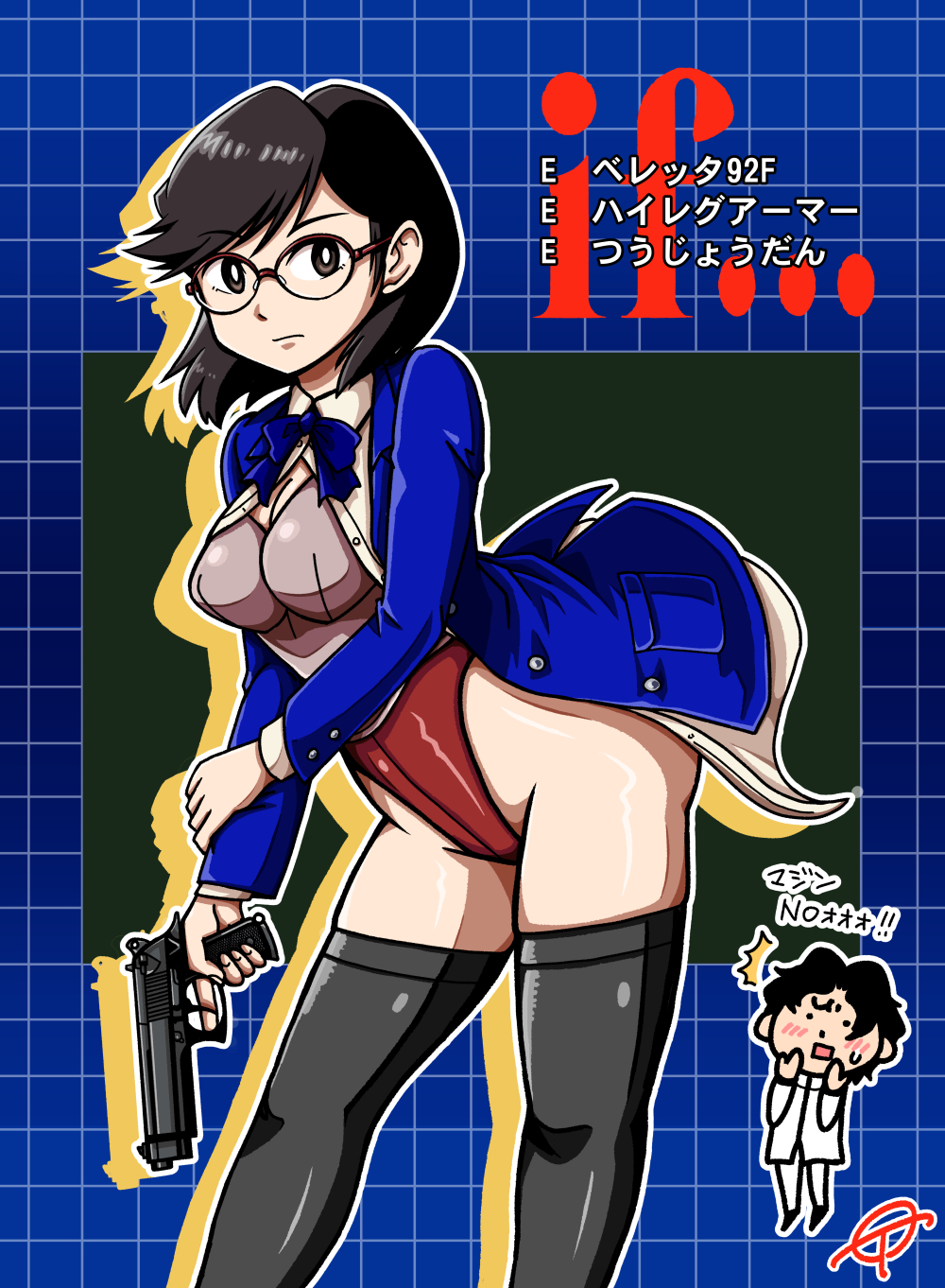 1boy, 1girl, akanezawa_reiko, beretta_92, beretta_92f, black_hair, black_thighhighs, blazer, blue_bow, blue_bowtie, blush, bow, bowtie, breasts, brown_eyes, checkered_background, cleavage, glasses, gun, handgun, hazama_ideo, high-cut_armor_(persona), highres, holding, holding_gun, holding_weapon, jacket, karukozaka_high_school_uniform, school_uniform, shin_megami_tensei, shin_megami_tensei:_if..., solo_focus, sweatdrop, thighhighs, tomo_shimomu, translation_request, weapon
