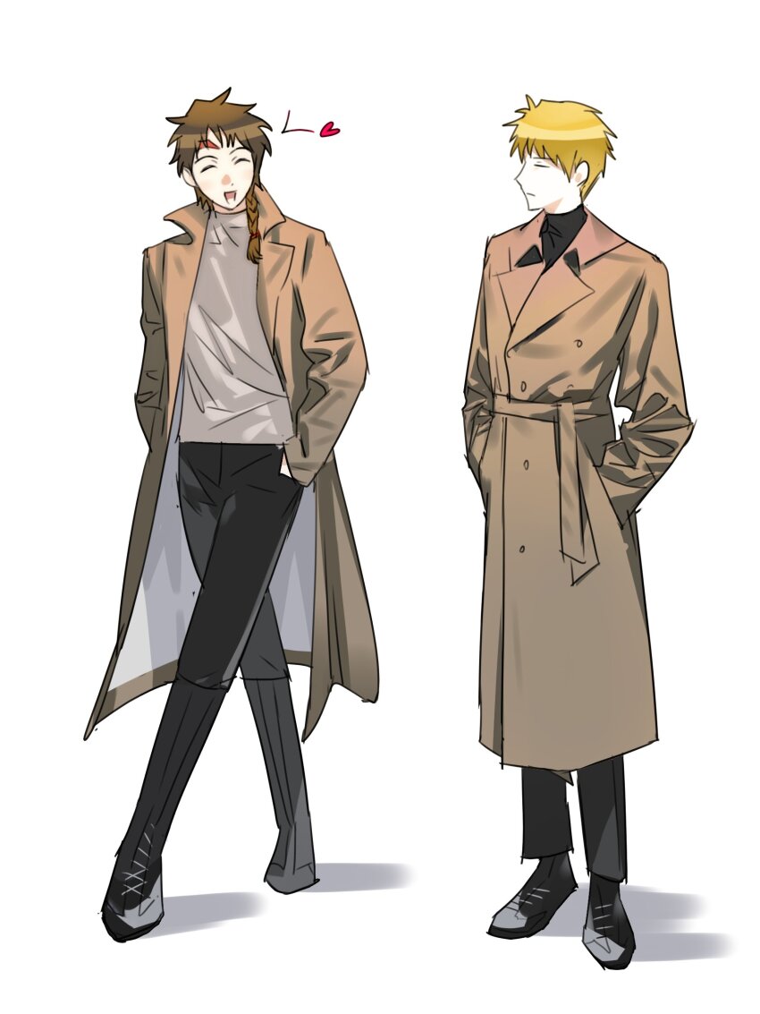 2boys, absurdres, alternate_costume, atou_haruki, black_boots, black_pants, black_shoes, black_sweater, blonde_hair, boots, braid, brown_coat, brown_hair, closed_eyes, closed_mouth, coat, full_body, hands_in_pockets, harada_minoru, heart, highres, male_focus, multiple_boys, open_clothes, open_coat, open_mouth, pale_skin, pants, saibou_shinkyoku, salinmamongoose, scar, scar_on_face, scar_on_forehead, shoes, short_hair, side_braid, simple_background, single_braid, smile, sweater, turtleneck, turtleneck_sweater, two-sided_coat, two-sided_fabric, white_background, white_sweater