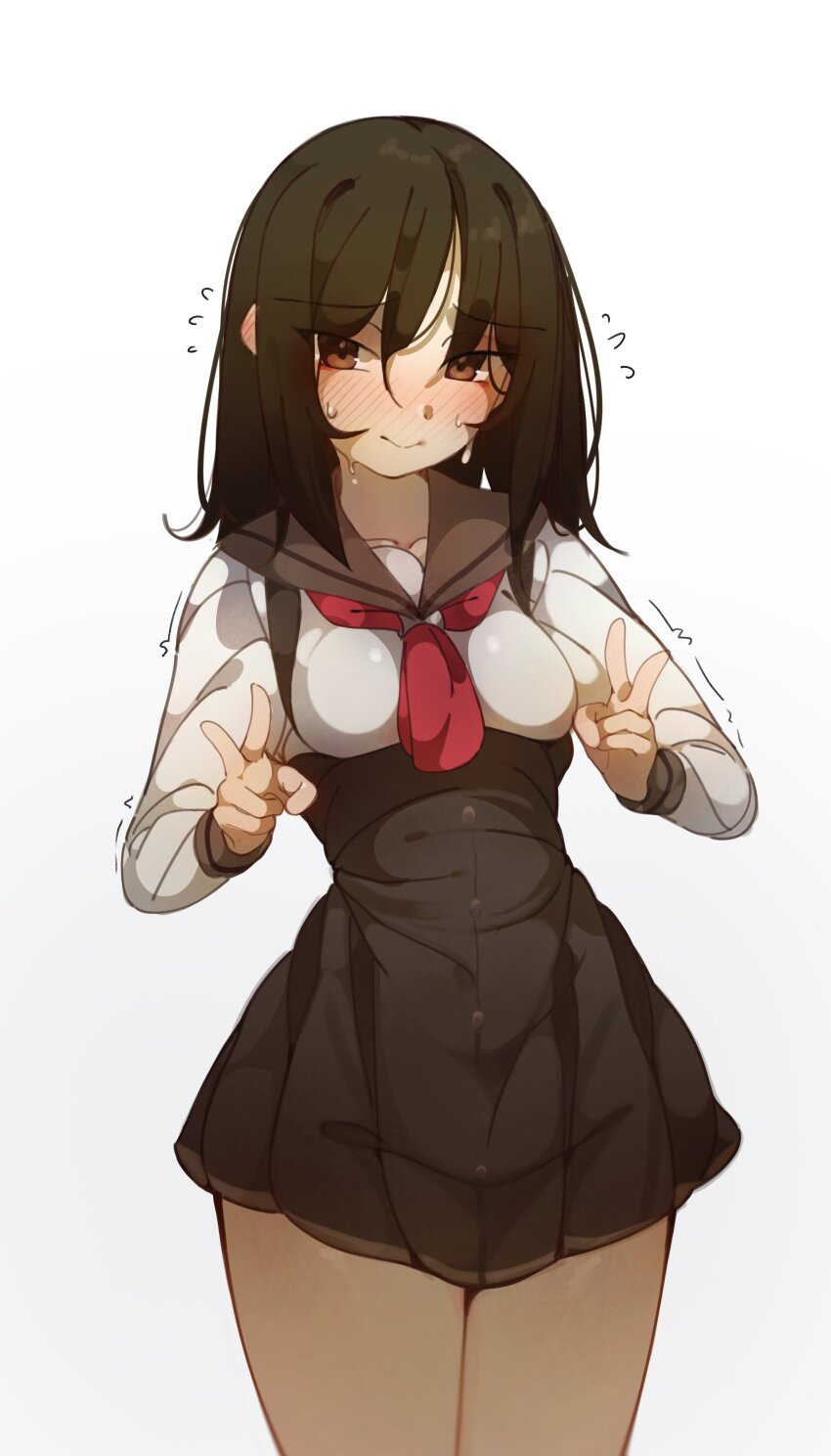 1girl, absurdres, blush, breasts, brown_eyes, brown_hair, brown_sailor_collar, brown_skirt, closed_mouth, collarbone, cowboy_shot, deko_morii, double_v, embarrassed, flying_sweatdrops, hair_between_eyes, hands_up, highres, long_sleeves, looking_at_viewer, loose_hair_strand, medium_hair, meek_nadeko, messy_hair, monogatari_(series), nanahyakuichi_middle_school_uniform, neckerchief, nervous, nervous_sweating, nose_blush, pleated_skirt, raised_eyebrows, red_neckerchief, sailor_collar, school_uniform, sengoku_nadeko, serafuku, shirt, simple_background, skirt, small_breasts, smile, solo, standing, suspender_skirt, suspenders, sweat, trembling, v, very_sweaty, white_background, white_shirt