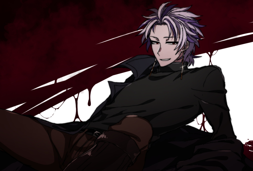 1boy, belt, black_belt, black_coat, black_sweater, blood, boots, brown_boots