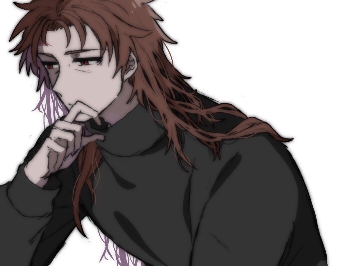 1boy, brown_hair, closed_mouth, commentary_request, green_sweater, hand_to_own_mouth, harada_minoru, long_hair