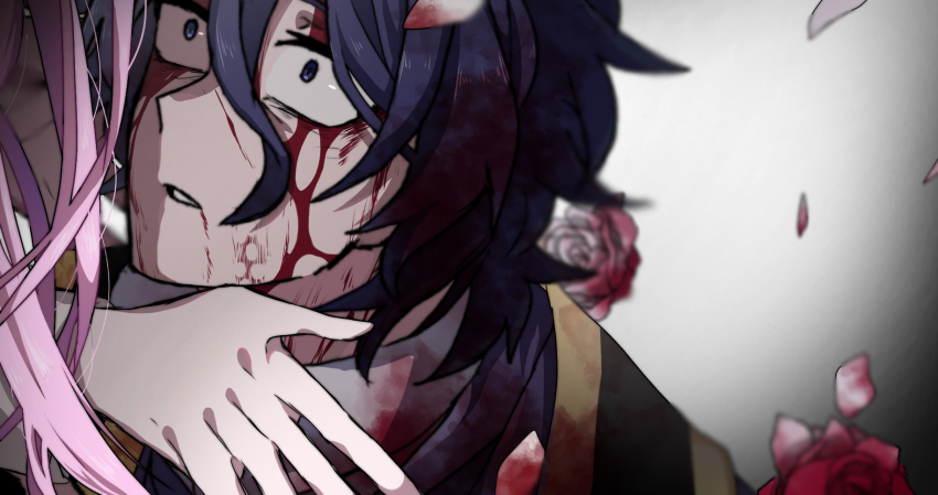 2boys, blood_from_forehead, blood, blood_from_mouth, blood_in_hair, blood_on_clothes, blood_on_face, blue_eyes