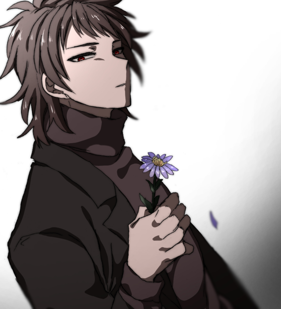 1boy, black_jacket, brown_hair, brown_sweater, commentary_request, flower, gradient_background, hand_up, harada_minoru, holding, holding_flower, jacket, long_sleeves, male_focus, medium_hair, open_clothes, open_jacket, parted_bangs, purple_flower, red_eyes, saibou_shinkyoku, shinonogi, simple_background, solo, sweater, upper_body