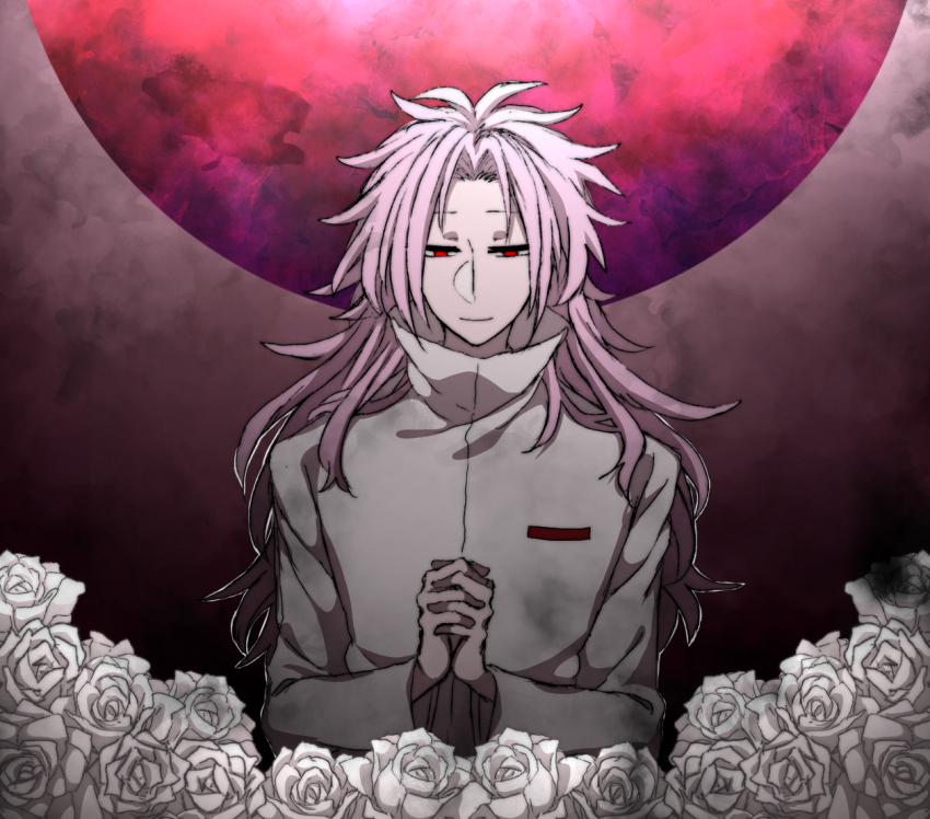 1boy, closed_mouth, commentary_request, flower, hatsutori_hajime, high_collar, interlocked_fingers, long_hair