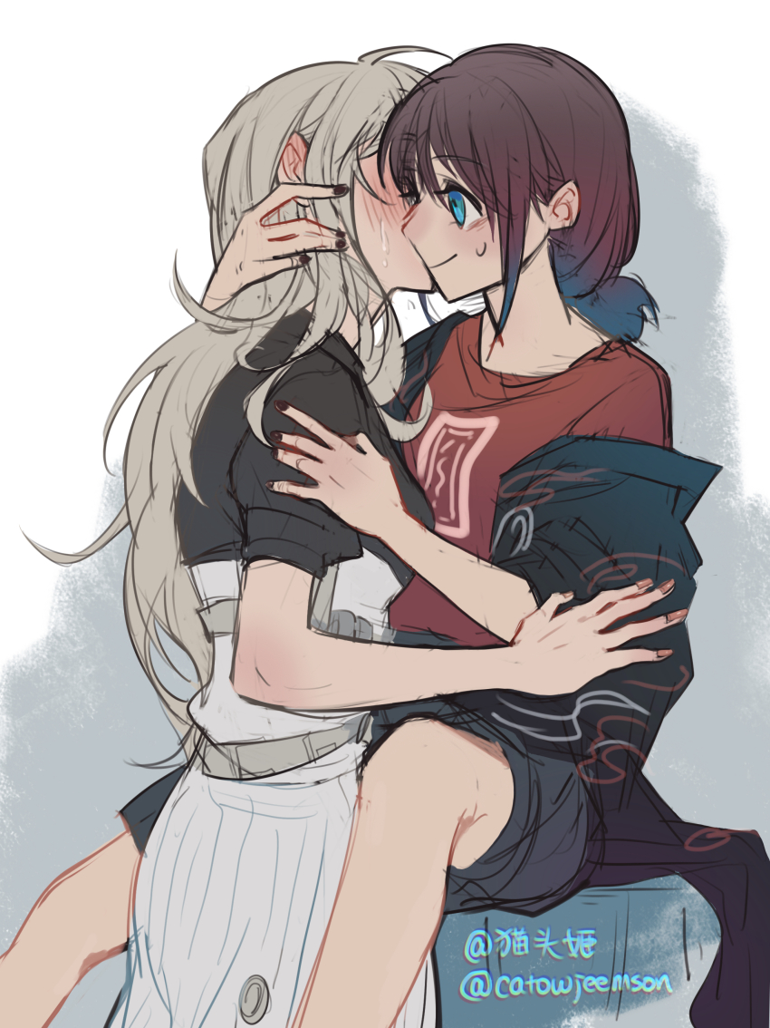 2girls, absurdres, between_legs, black_dress, black_shorts, blue_background, blue_eyes, blue_hair