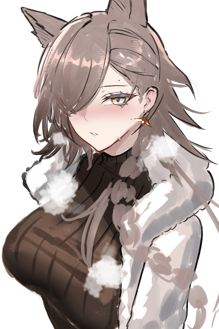 1girl, absurdres, animal_ears, arknights, black_sweater, blush, braid, breasts