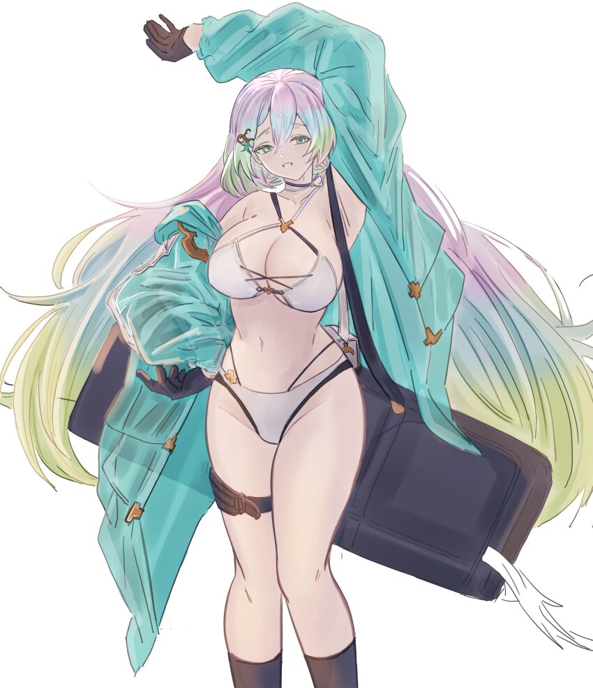 1girl, absurdres, aqua_jacket, armpits, belt, bikini, black_bikini, breasts