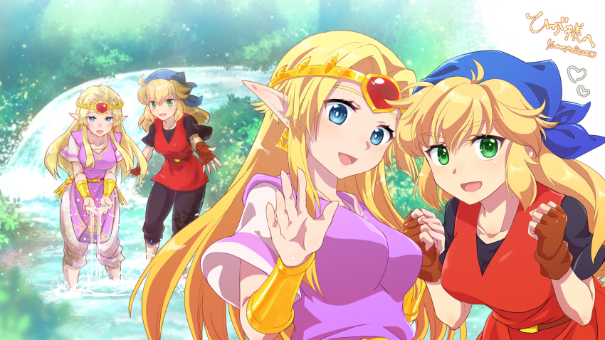 2girls, ahoge, armband, bandana, belt, black_pants, black_shirt, blonde_hair