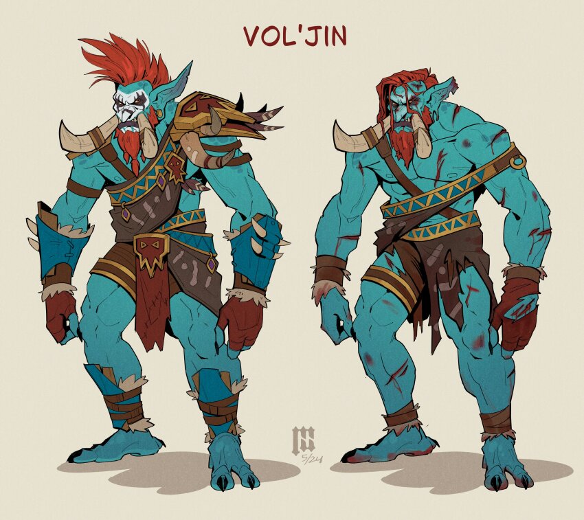 1boy, absurdres, bara, bare_pectorals, beard, beard_stubble, blood, blue_skin, bruise, colored_skin, cuts, facepaint, facial_hair, fewer_digits, full_beard, full_body, hair_down, highres, injury, long_beard, long_tusks, male_focus, mature_male, mneves_art, monster_boy, muscular, muscular_legs, muscular_male, navel, navel_hair, nipples, orange_hair, pectorals, pointy_ears, short_hair, spiked_hair, stubble, thick_beard, thick_eyebrows, thighs, torn_clothes, tribal, troll_(warcraft), variations, vol'jin, warcraft, world_of_warcraft