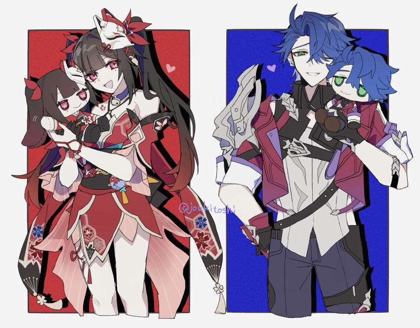 1boy, 1girl, :d, absurdres, bare_shoulders, bell, black_gloves, blue_background