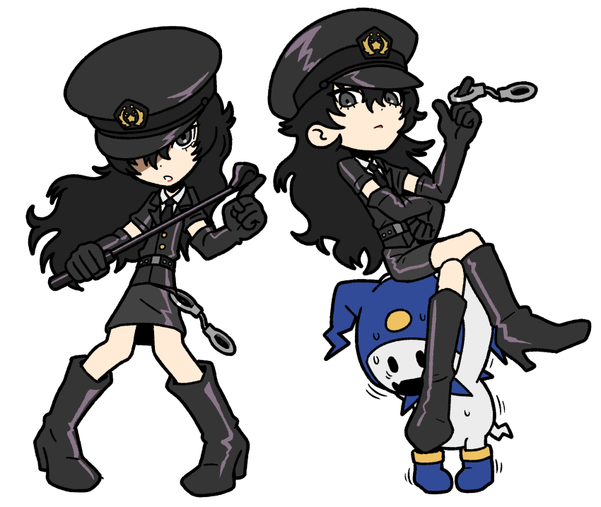1boy, :o, absurdres, amamiya_ren, belt, black_belt, black_boots, black_gloves, black_hair, black_hat, black_jacket, black_necktie, black_skirt, boots, closed_mouth, collared_shirt, crossdressing, crossdressing_(mtf), crossed_legs, cuffs, dominator_(bdsm), elbow_gloves, frown, full_body, gloves, grey_eyes, hair_between_eyes, handcuff_dangle, handcuffs, hat, heavy, high_heel_boots, high_heels, highres, holding, holding_handcuffs, holding_riding_crop, jack_frost_(megami_tensei), jacket, knee_boots, lipstick, long_hair, looking_at_viewer, makeup, male_focus, multiple_views, necktie, one_eye_covered, parted_lips, persona, persona_5, persona_5:_dancing_star_night, persona_dancing, police, police_hat, police_uniform, red_lips, riding_crop, sach56000, shirt, short_sleeves, simple_background, sitting, sitting_on_person, skirt, standing, sweat, trap, white_background, white_shirt, wing_collar