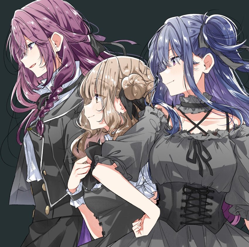 3girls, amasawa_hajime, black_background, black_corset, black_dress, black_jacket, black_ribbon, blue_hair