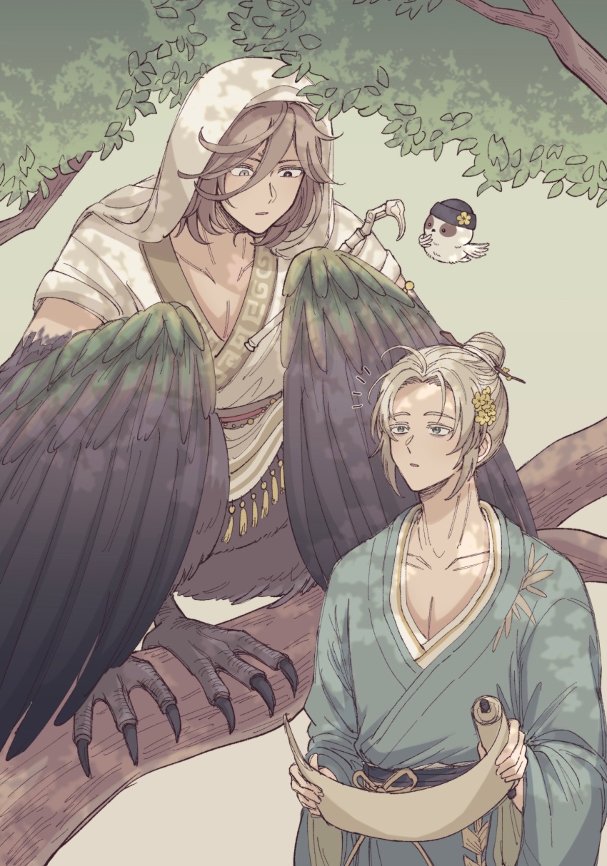 2boys, 39999m, animal, animal_feet, bird, bird_legs, bird_wings, black_eyes, brown_hair, brown_wings, chinese_clothes, claws, colored_eyelashes, feathered_wings, full_body, getian_(reverse:1999), green_background, grey_eyes, grey_hair, hair_bun, hanfu, harpy_boy, heterochromia, highres, holding, holding_scroll, in_tree, long_sleeves, looking_at_another, male_focus, monster_boy, multiple_boys, notice_lines, outdoors, reverse:1999, scroll, short_hair, squatting, talons, tree, upper_body, veil, wand, wide_sleeves, winged_arms, wings, zima_(a_day_in_the_mountains)_(reverse:1999), zima_(reverse:1999)
