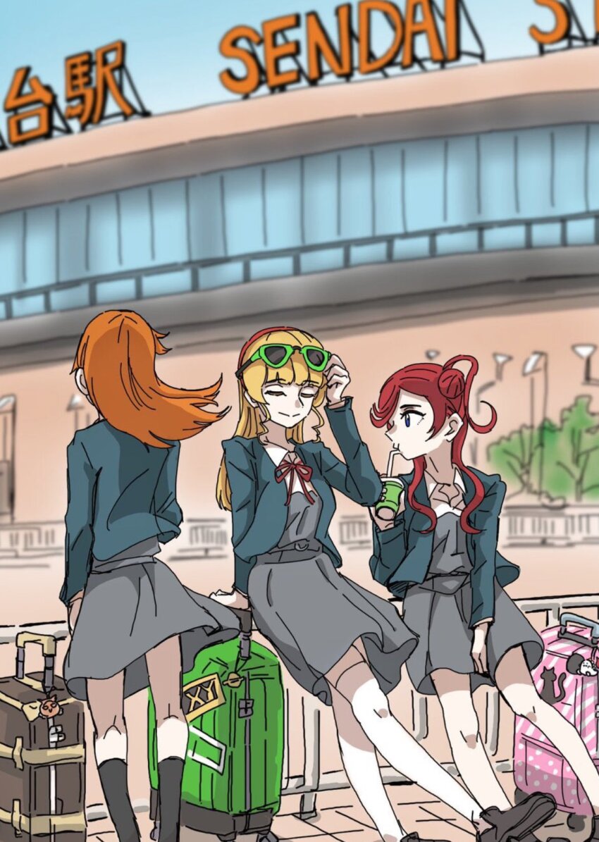 3girls, black_footwear, black_socks, blonde_hair, blue_eyes, blue_jacket, blunt_bangs, catchu!_(love_live!)