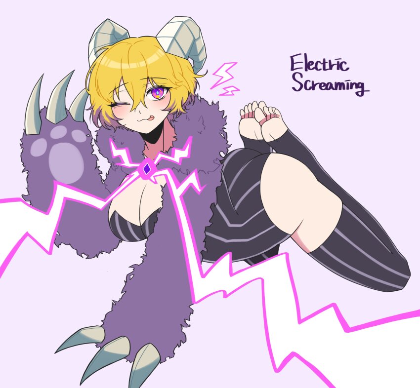 1girl, :3, absurdres, ass, black_leotard, black_thighhighs, blonde_hair, breasts, claws, don_quixote_(project_moon), e.g.o_(project_moon), electric_screaming_(e.g.o), feet, fur_jacket, highres, horns, jacket, large_breasts, leotard, limbus_company, looking_at_viewer, matiyan923, multicolored_hair, one_eye_closed, paw_sleeves, pinstripe_leotard, pinstripe_pattern, pinstripe_thighhighs, project_moon, purple_eyes, purple_hair, purple_jacket, short_hair, solo, stirrup_legwear, streaked_hair, thighhighs, toeless_legwear, tongue, tongue_out
