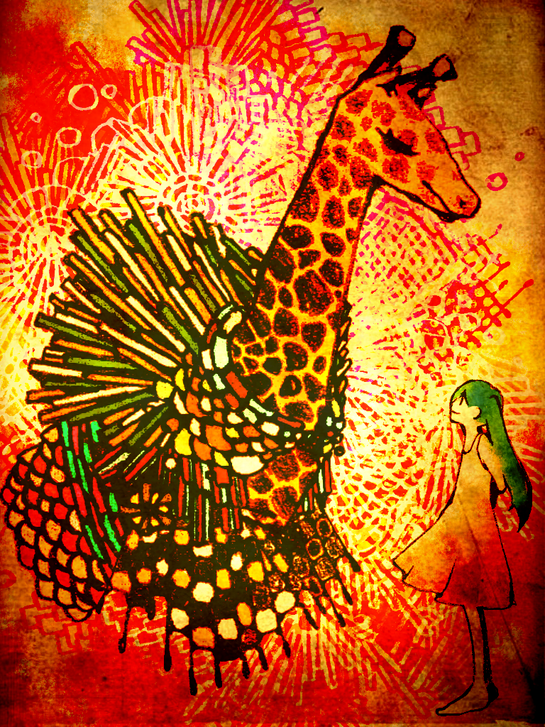 1girl, animal, bad_id, bad_pixiv_id, dress, female_focus, giraffe, green_hair