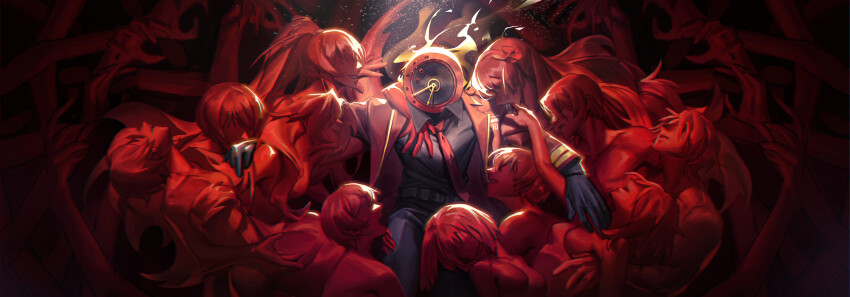 1other, 6+boys, 6+girls, absurdres, belt, black_belt, black_gloves, black_pants, black_shirt, blood, clock, coat, collared_shirt, commentary, dante_(limbus_company), don_quixote_(project_moon), english_commentary, facing_viewer, faust_(project_moon), fire, gloves, gregor_(project_moon), heathcliff_(project_moon), highres, hong_lu_(project_moon), ishmael_(project_moon), light_particles, limbus_company, long_sleeves, meursault_(project_moon), multiple_boys, multiple_girls, necktie, nell_ro, object_head, outis_(project_moon), pants, project_moon, red_coat, red_necktie, rodion_(project_moon), ryoshu_(project_moon), shirt, sinclair_(project_moon), yi_sang_(project_moon)