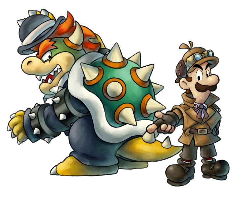 2boys, ace_attorney, alternate_costume, armlet, black_footwear, black_gloves, black_hat, black_jacket, black_pants, boots, bowler_hat, bowser, bracelet, brown_coat, brown_hair, brown_hat, coat, cosplay, facial_hair, fingerless_gloves, gloves, hat, herlock_sholmes, herlock_sholmes_(cosplay), highres, horns, jacket, jewelry, luigi, mario_&amp;_luigi_rpg, mario_(series), masanori_sato_(style), multiple_boys, mustache, muzyoshi, nintendo, open_mouth, pants, pointing, red_hair, sharp_teeth, short_hair, simple_background, spiked_armlet, spiked_bracelet, spikes, teeth, the_great_ace_attorney, the_great_ace_attorney:_adventures, trench_coat, white_background
