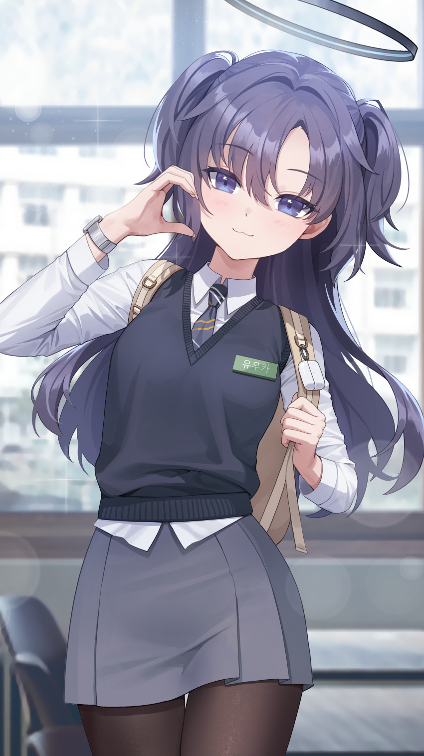 1girl, absurdres, alternate_costume, black_necktie, black_pantyhose, black_vest, blue_archive, blush