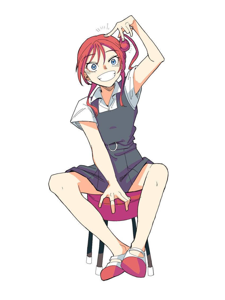 1girl, arm_up, blue_eyes, collared_shirt, commentary_request, dress, full_body, grey_dress, hair_between_eyes, hair_bun, highres, looking_at_viewer, love_live!, love_live!_superstar!!, medium_hair, mondashi0223, on_stool, red_hair, school_uniform, shirt, short_sleeves, single_side_bun, sitting, smile, solo, stool, summer_uniform, white_background, white_footwear, white_shirt, yoneme_mei, yuigaoka_school_uniform