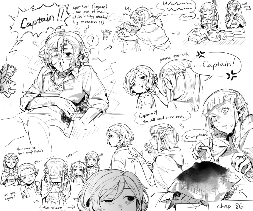 2boys, 4girls, bags_under_eyes, blood, blood_on_face, braid, bubuunn_0830, cithis, cloak, closed_eyes, crying, dungeon_meshi, elf, english_text, facial_mark, fairy_(dungeon_meshi), fleki, forehead_mark, gorget, half_updo, highres, hood, injury, lazy_eye, long_hair, long_sleeves, lycion, mithrun, monochrome, multiple_boys, multiple_girls, multiple_scars, multiple_views, notched_ear, one_eye_closed, otta_(dungeon_meshi), pattadol, pointy_ears, scar, short_hair, speech_bubble, sweat, tongue, tongue_out, tunic, uneven_eyes, wavy_hair, worried