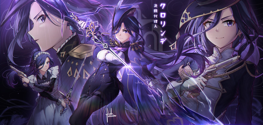 >:), 1girl, absurdres, alternate_costume, antique_firearm, apron, ascot, asymmetrical_dual_wielding