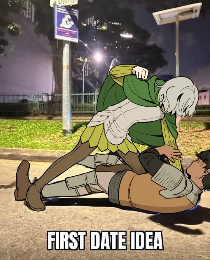 2boys, armor, black_hair, boots, bubuunn_0830, curly_hair, dark-skinned_male, dark_skin, dungeon_meshi, elf, english_text, faceless, faceless_male, fighting, first_date_idea_(meme), grey_hair, hair_over_face, impact_(font), kabru, leather_armor, leg_armor, long_sleeves, lying, male_focus, meme, mithrun, multiple_boys, notched_ear, on_back, on_ground, photo_background, pointy_ears, short_hair, shoulder_armor, thigh_boots, tunic, yaoi