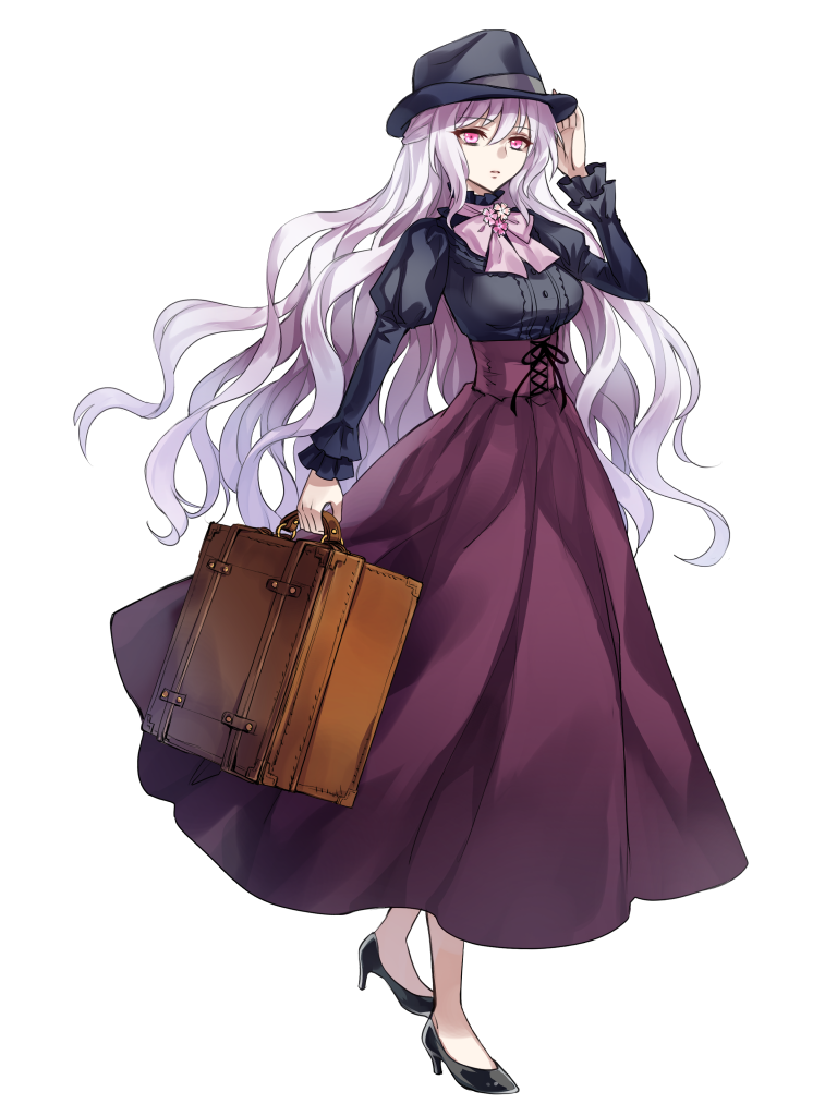 1girl, black_footwear, black_hat, black_shirt, bow, breasts, dairoku_ryouhei, full_body