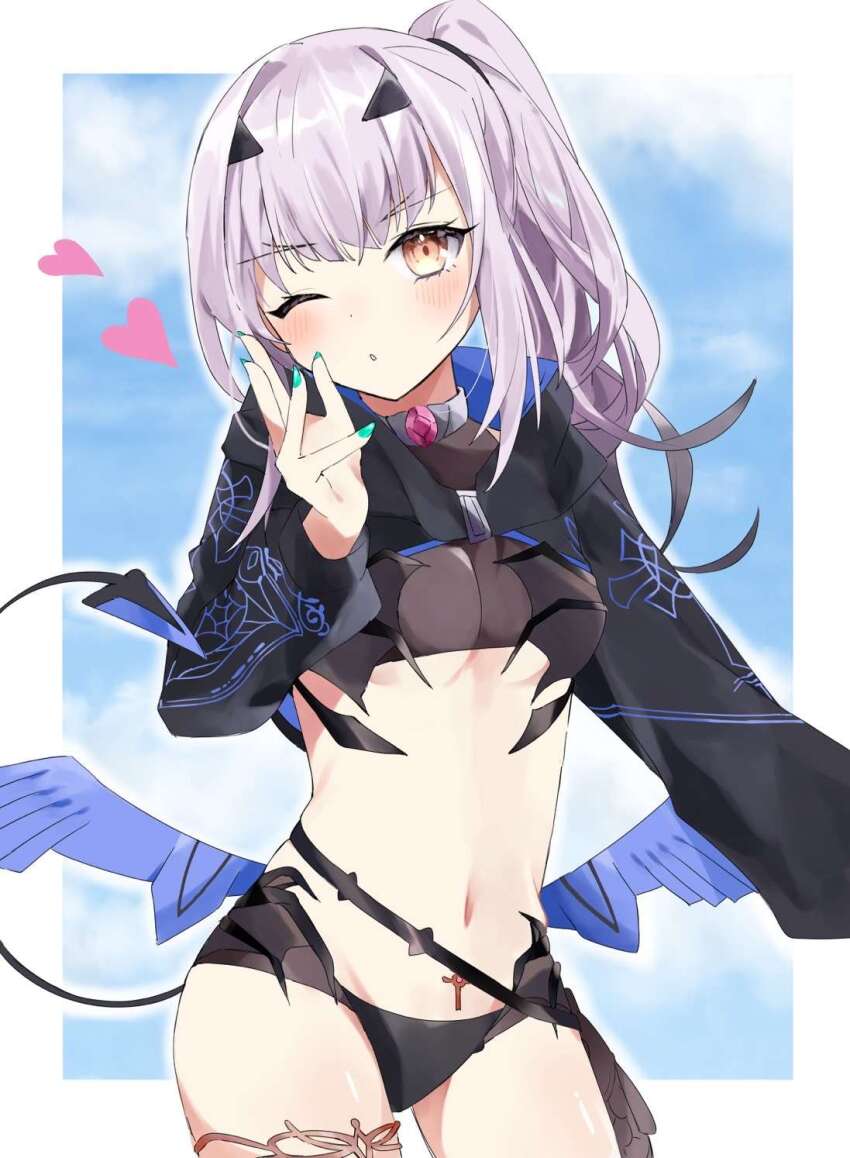 1girl, :o, bikini, black_bikini, black_jacket, blowing_kiss, blush, border