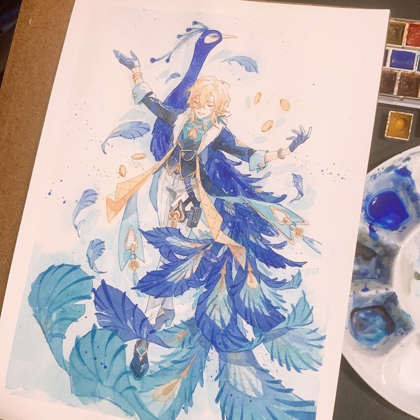 1boy, aqua_shirt, arms_up, aventurine_(honkai:_star_rail), bird, black_coat, black_gloves, black_shoes