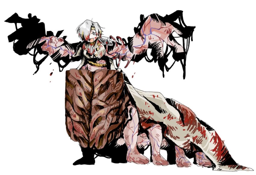 1girl, armor, belt, blonde_hair, cape, e.g.o_(project_moon), flesh, full_body