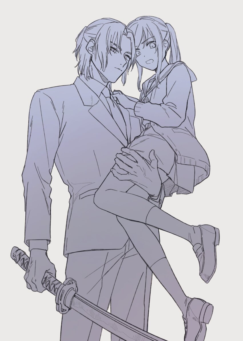 1boy, 1girl, absurdres, asakura_ryo, blazer, blue_sailor_collar, cardigan, carrying