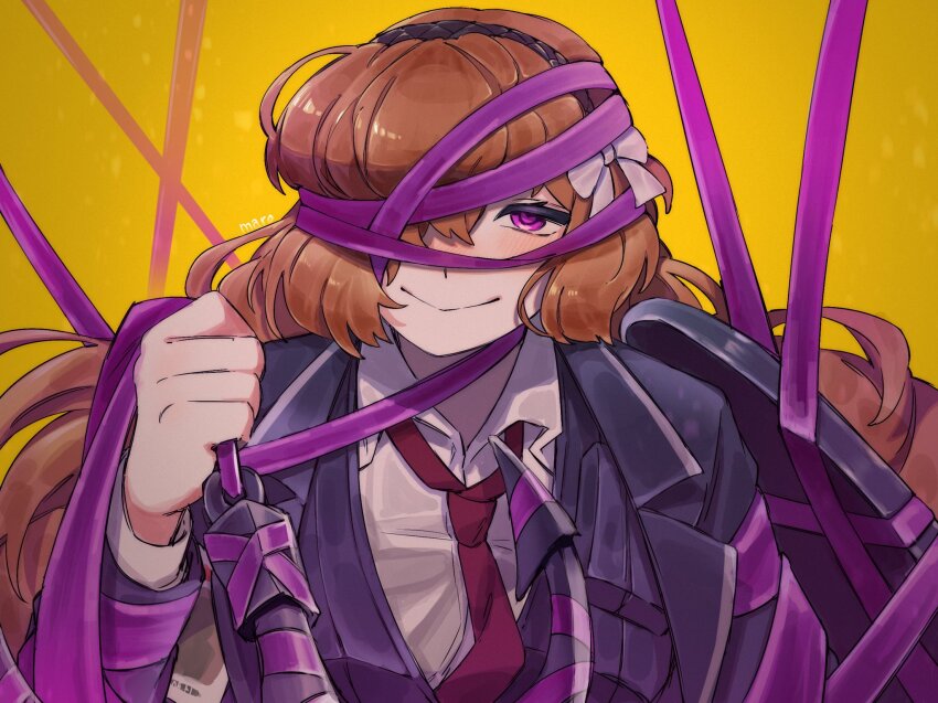 1girl, anchor, black_coat, black_vest, blush, bow, brown_hairband, closed_mouth