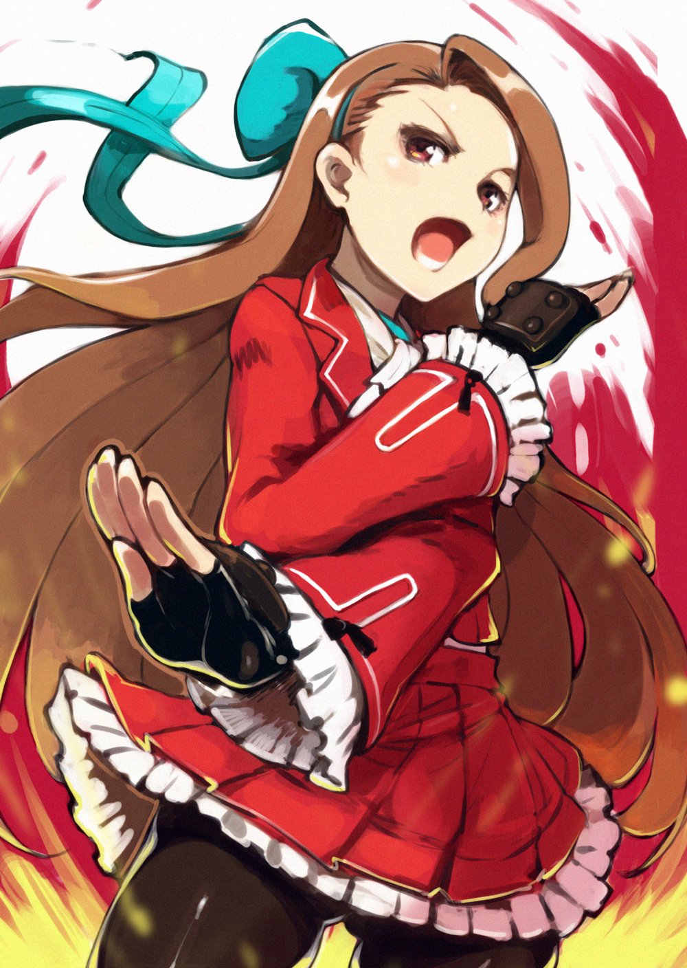 1girl, arm_guards, ascot, black_gloves, black_pantyhose, blush, breasts, brown_eyes