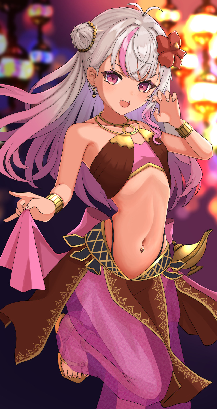 1girl, :d, absurdres, arabian_clothes, bandeau, bare_shoulders, blurry, blurry_background