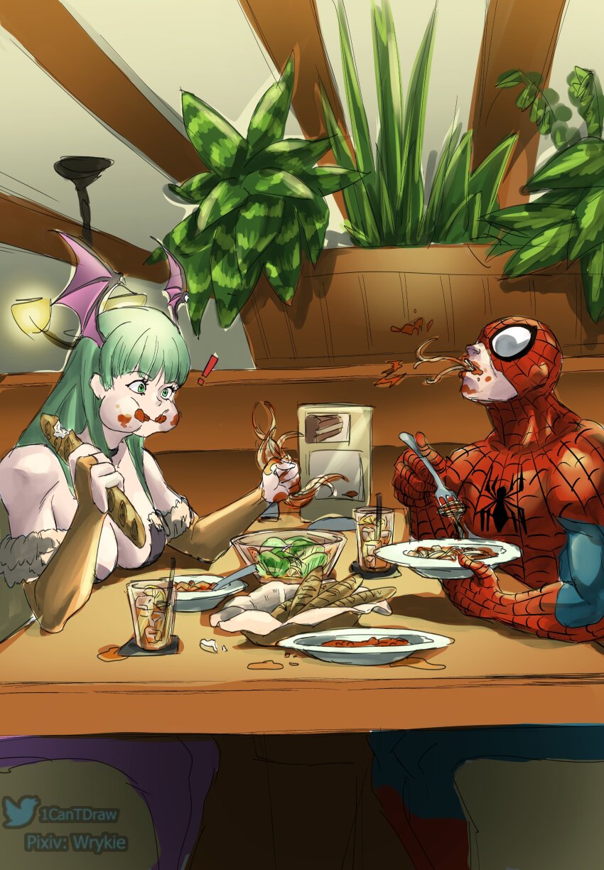 1boy, 1girl, absurdres, animal_print, bodysuit, capcom, darkstalkers, food
