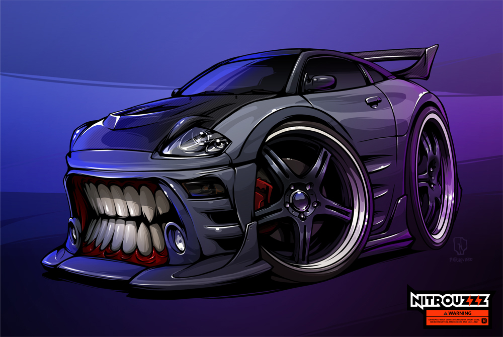 artist_name, car, chibi, commentary, english_commentary, grey_car, mitsubishi_eclipse, mitsubishi_motors