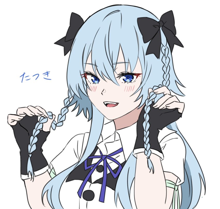 1girl, arm_ribbon, assault_lily, black_bow, black_gloves, blue_eyes, blue_hair, blush