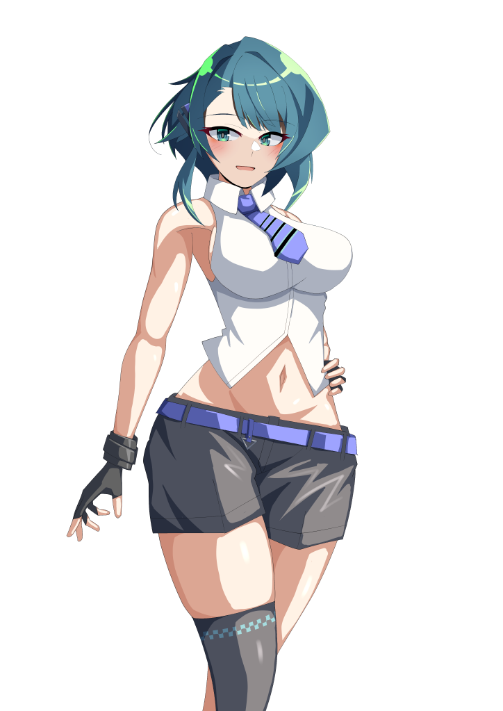 1girl, aizawa_kazuha, arm_at_side, assault_lily, asymmetrical_hair, bare_arms, bare_shoulders, belt, black_gloves, black_shorts, black_thighhighs, blue_eyes, blue_hair, blush, breasts, collared_shirt, commentary, cowboy_shot, crop_top, diagonal-striped_belt, fingerless_gloves, gloves, groin, hair_ornament, hairclip, hand_on_own_hip, ishitsuma_canon, large_breasts, looking_at_viewer, medium_hair, midriff, navel, necktie, official_alternate_costume, parted_lips, purple_belt, purple_necktie, shirt, shorts, sideboob, simple_background, single_thighhigh, sleeveless, sleeveless_shirt, smile, solo, standing, stomach, thighhighs, white_background, white_shirt