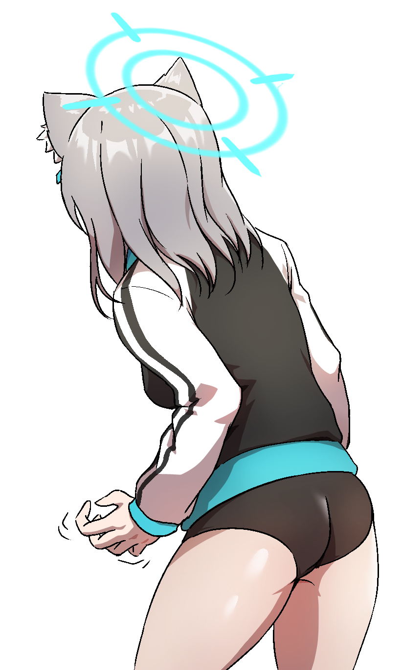 1girl, adjusting_buruma, adjusting_clothes, anjjun, ass, blue_archive, buruma, chibi, cowboy_shot, grey_hair, gym_uniform, halo, highres, jacket, official_alternate_costume, shiroko_(blue_archive), short_hair, simple_background, solo, thigh_gap, track_jacket, white_background