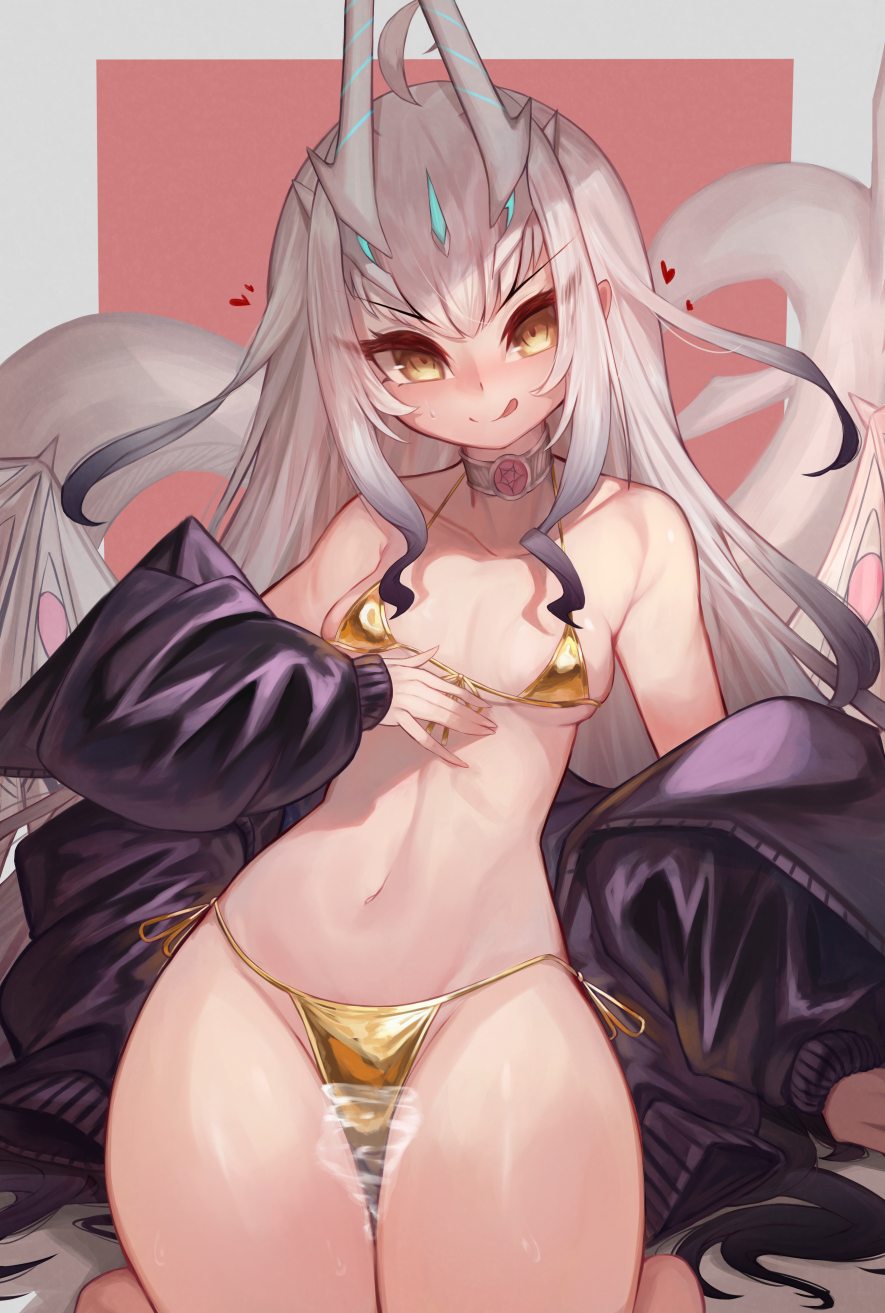 1girl, alternate_costume, bare_shoulders, bikini, breasts, choker, fate/grand_order, fate_(series), forked_eyebrows, gold_bikini, heart, highres, horns, jacket, long_hair, long_horns, looking_at_viewer, m0_chi, melusine_(fate), melusine_(swimsuit_ruler)_(fate), melusine_(swimsuit_ruler)_(third_ascension)_(fate), navel, revision, side-tie_bikini_bottom, sidelocks, sitting, small_breasts, solo, swimsuit, tongue, tongue_out, unworn_jacket, white_bikini, white_hair, white_horns, yellow_eyes