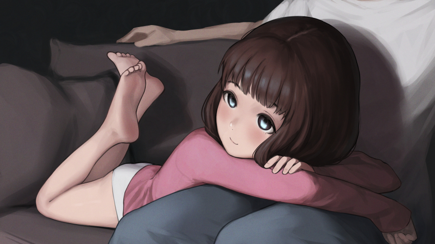 1boy, 1girl, ass, barefoot, blue_pants, brother_and_sister, brown_eyes, brown_hair, couch, feet, head_out_of_frame, highres, indoors, kuroshiro00, lap_pillow, legs, legs_up, loli, lying, no_pants, on_stomach, original, panties, pants, pillow, pink_shirt, shirt, short_hair, siblings, sitting, smile, soles, thighs, toes, underwear, white_panties, white_shirt