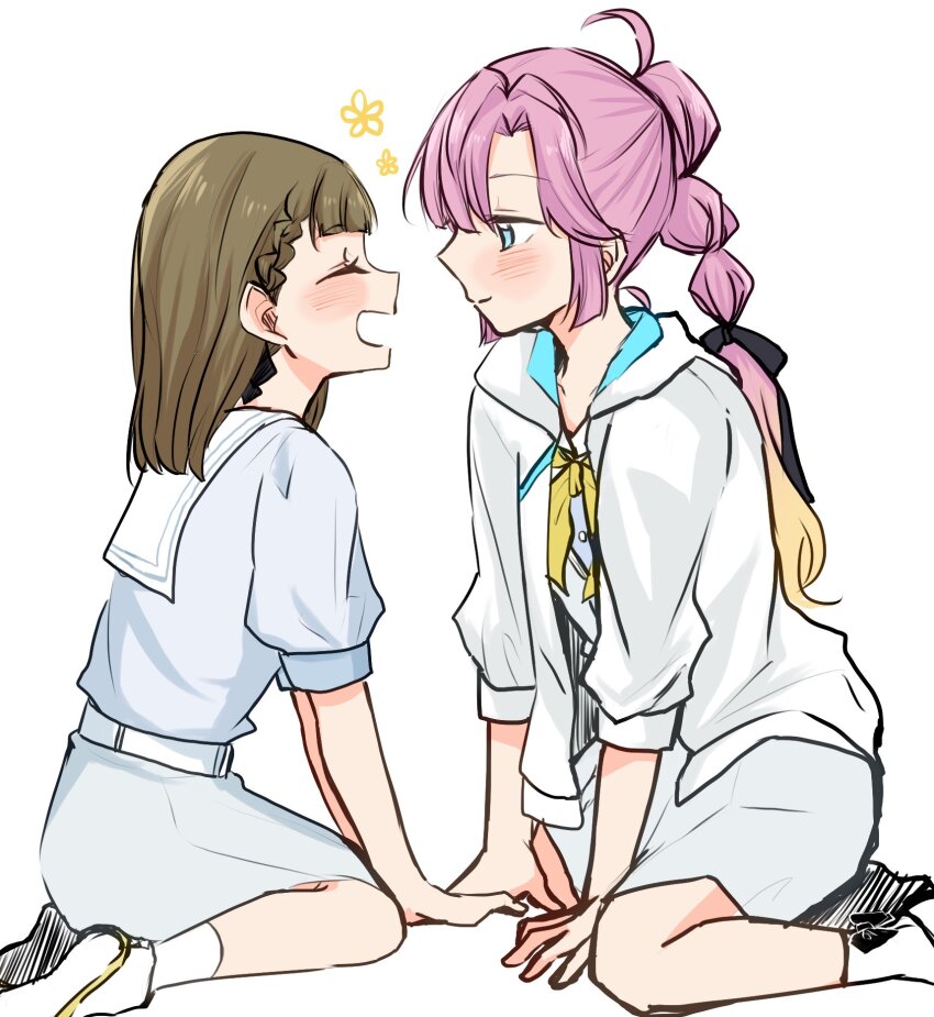 2girls, ahoge, anyoji_hime, black_ribbon, blonde_hair, blue_eyes, blunt_bangs, blush