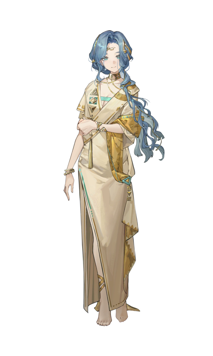 1girl, 77_(reverse:1999), absurdres, ancient_greek_clothes, barefoot, blue_eyes, blue_hair, bracelet, breasts, cleavage, closed_mouth, full_body, gold_choker, greco-roman_clothes, hair_ornament, highres, jewelry, looking_at_viewer, low_ponytail, mature_female, official_art, parted_bangs, ponytail, reverse:1999, short_sleeves, side_slit, smile, solo, standing, straight-on, tachi-e, third-party_source, toga, transparent_background