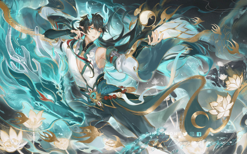 1boy, abstract_background, arms_up, artist_name, baggy_pants, beads, black_boots, blue_eyes