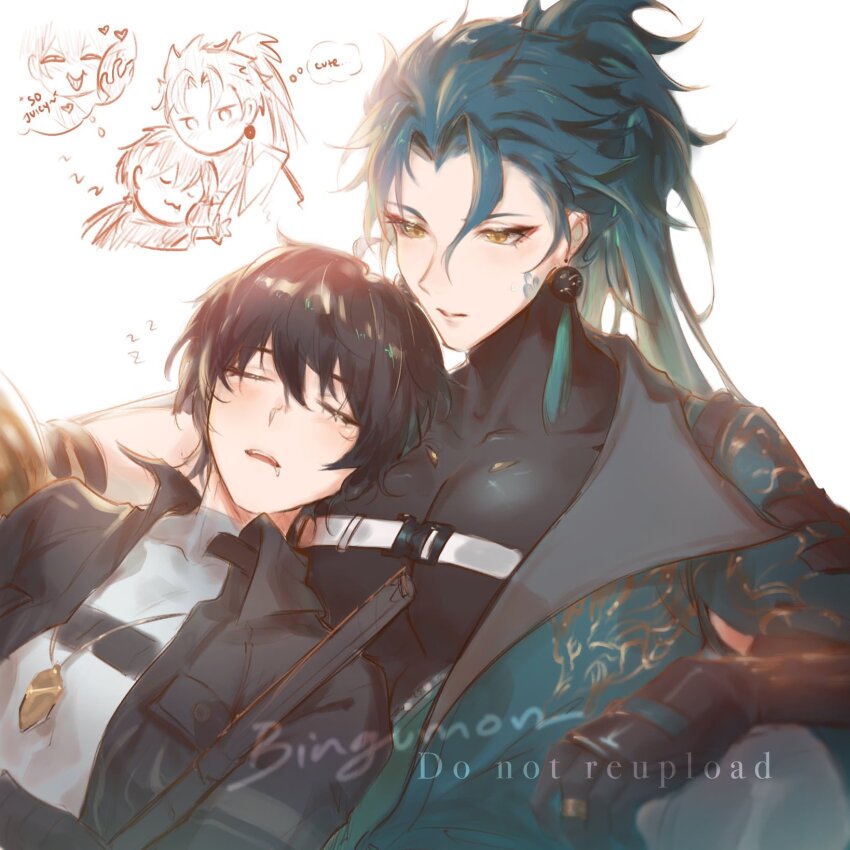 2boys, ahoge, artist_name, black_bodysuit, black_gloves, black_hair, black_jacket, blue_hair