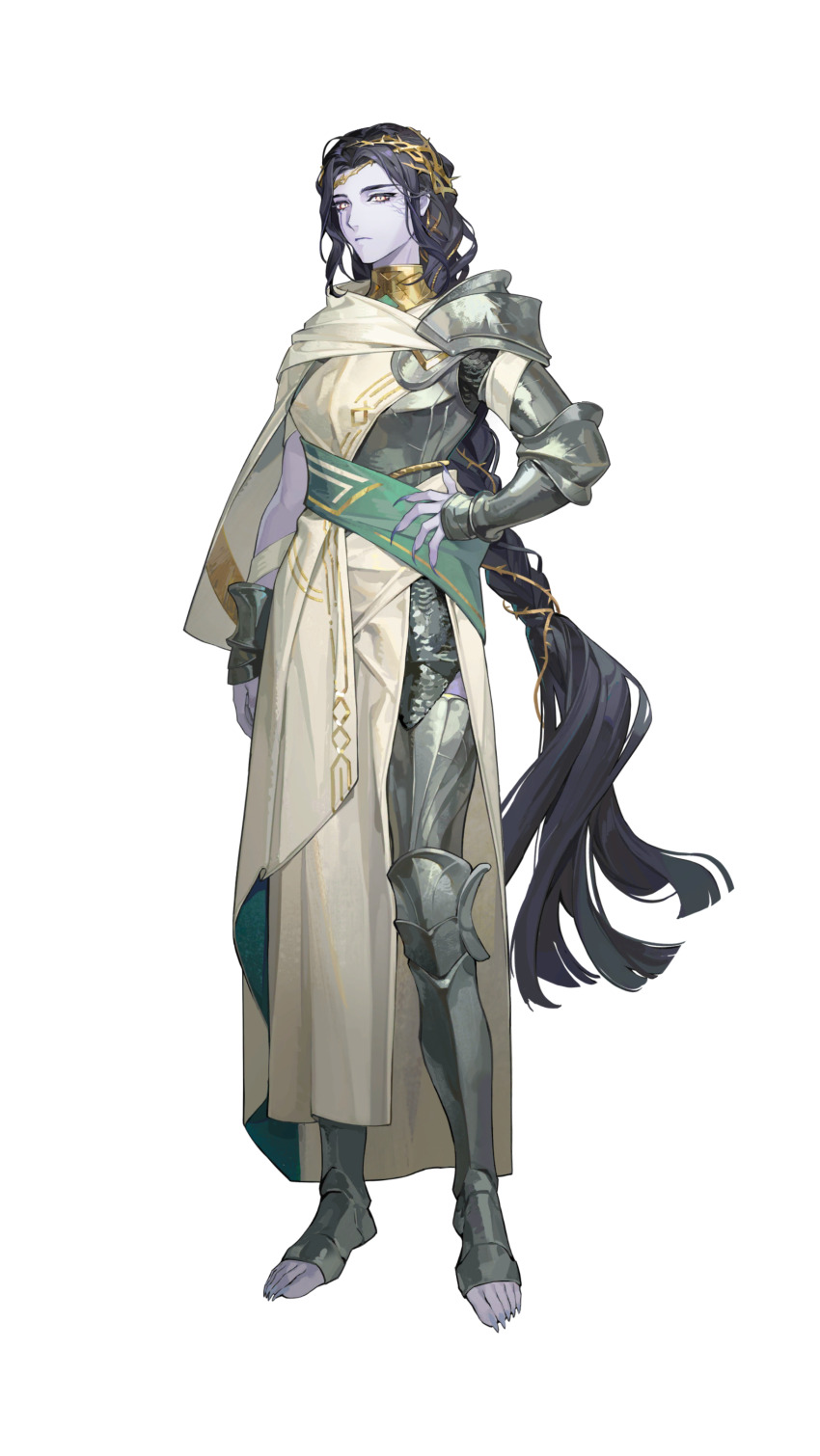 1girl, 888_(reverse:1999), absurdres, ancient_greek_clothes, armor, armored_boots, black_hair, blue_skin