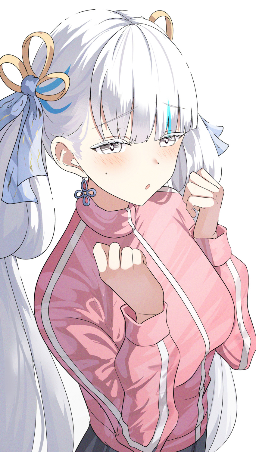 1girl, 2024, :o, absurdres, aoyama_yoshino, black_skirt, blunt_bangs, blush, bocchi_the_rock!, bow, breasts, bright_pupils, cosplay, cowboy_shot, dated_commentary, earrings, gotoh_hitori, hair_bow, hands_up, highres, jewelry, jinhsi_(wuthering_waves), large_breasts, low_twintails, mole, mole_on_cheek, multicolored_hair, multiple_hair_bows, open_mouth, pink_track_suit, simple_background, skirt, solo, streaked_hair, sysen, track_suit, twintails, two_side_up, voice_actor_connection, white_background, white_bow, white_eyes, white_hair, white_pupils, wuthering_waves