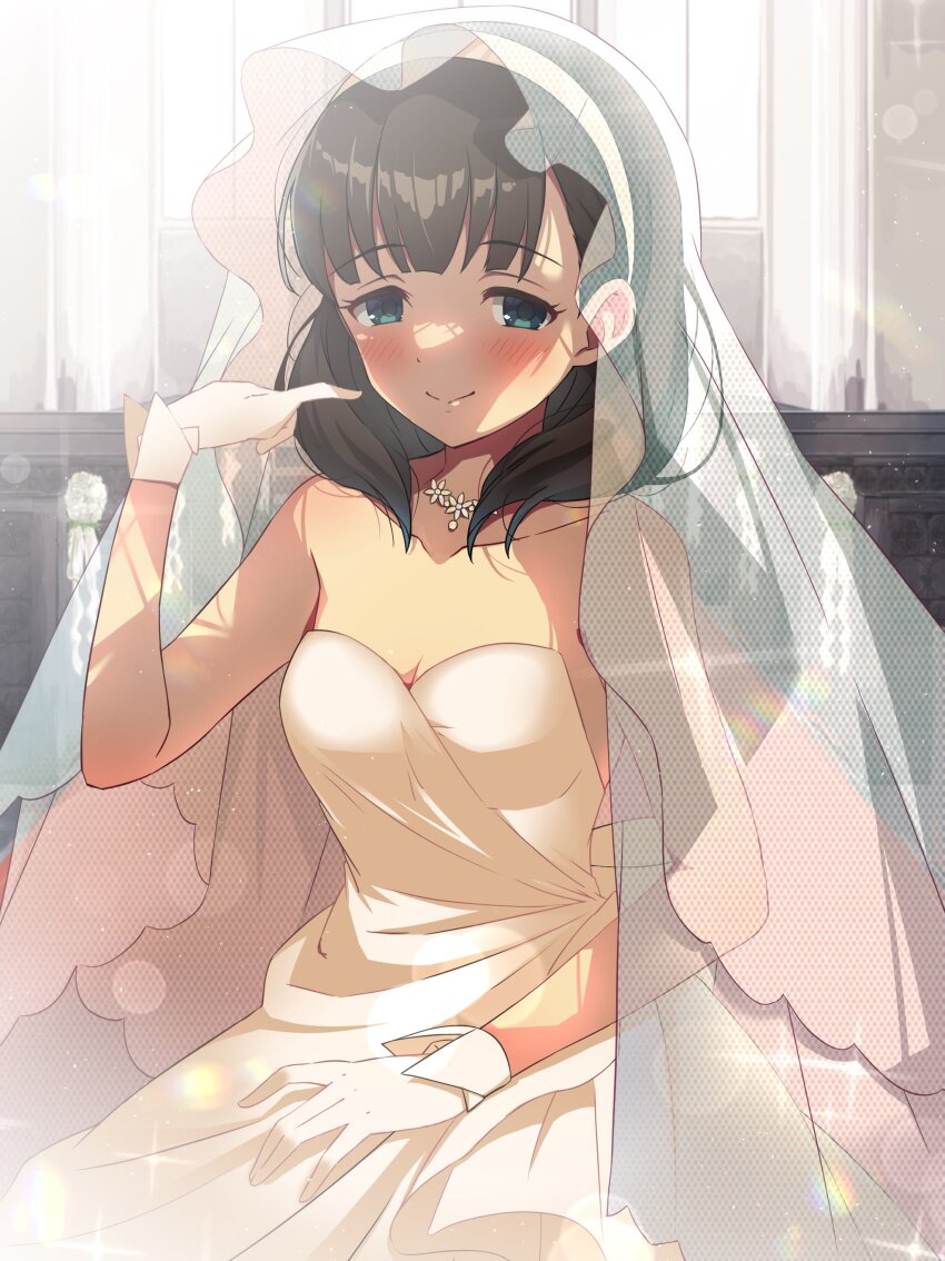 1girl, absurdres, blue_eyes, blush, breasts, bridal_veil, brown_hair, cleavage